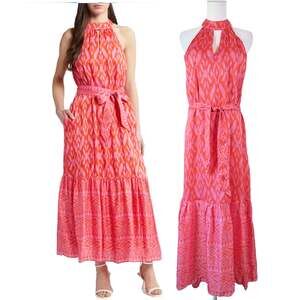 CLEOBELLA Janice Satin Halter Maxi Dress Sz Large Jaipur Block Ikat Pink Orange